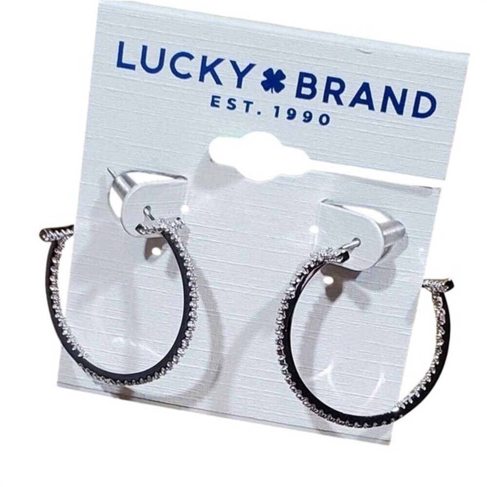 Lucky Brand Silver Tone Textured Rhinestone Beaded Hoop Earrings‎ Post Back New